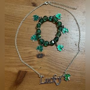 Silver plated necklace w/lucky spelled out and shamrock dangle charm n bracelet